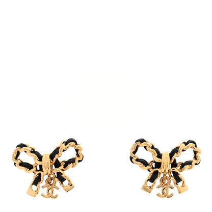 Chanel Lambskin Chain Bow Stud Earrings Black Gold 1 of 5