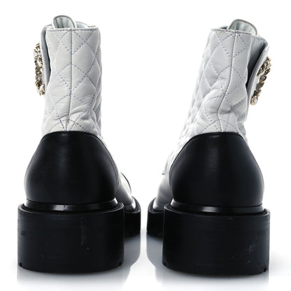 Chanel Shiny Lambskin Quilted Lace Up Combat Boots 39.5 White Black 6 of 18