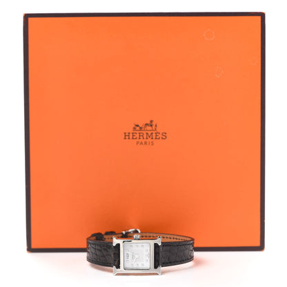 Hermes Stainless Steel Alligator Diamond Mother of Pearl 17.2mm Heure H Hour Quartz Watch Noir 5 of 5