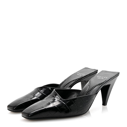 Gucci Calfskin Crocodile Embossed Mallory Mules 39 Black 4 of 10