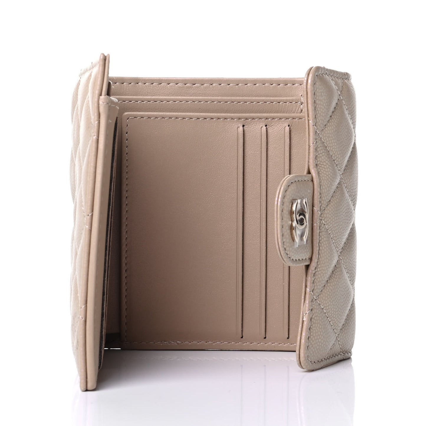 Iridescent Caviar Quilted Compact Flap Wallet Dark Beige