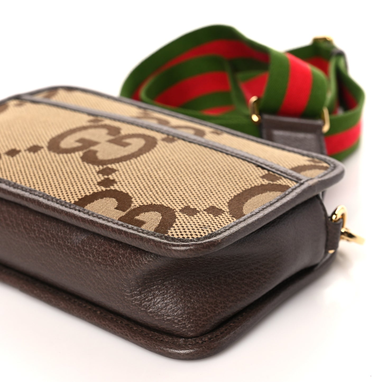 Monogram Jumbo GG Textured Dollar Calfskin Web Mini Crossbody Bag Camel Ebony New Acero