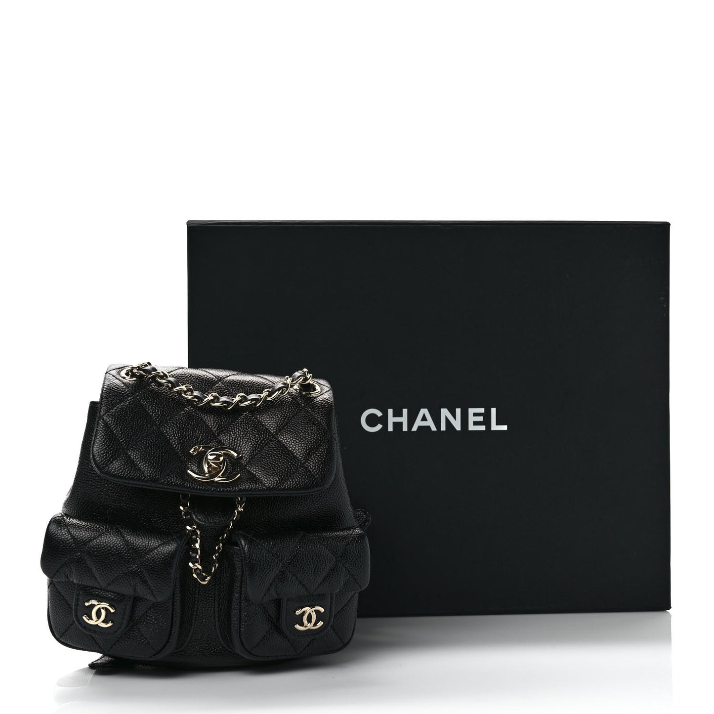 Shiny Caviar Quilted Small Duma Pockets Drawstring Backpack Black