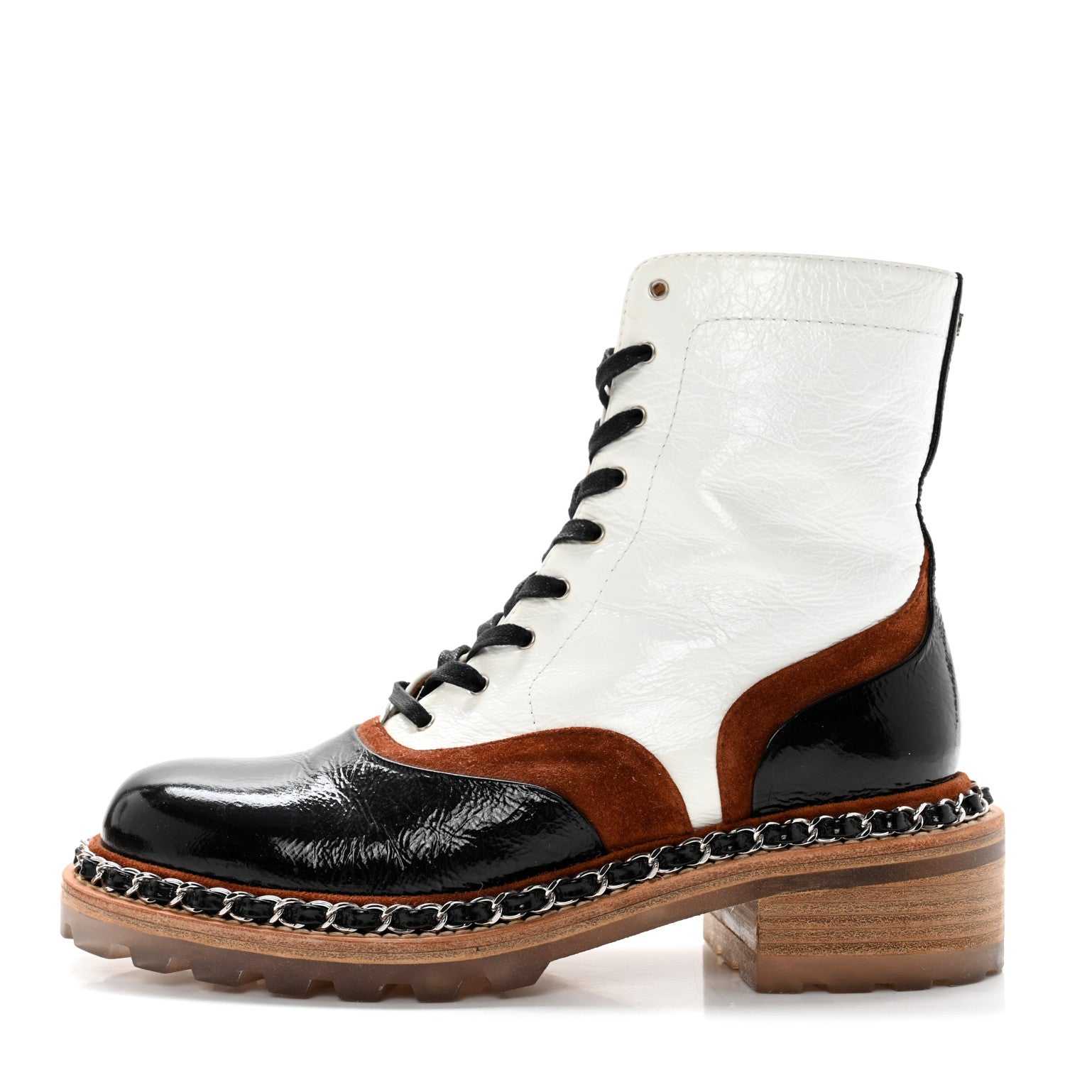 Chanel Patent Suede Lace Up Chain Boots 35.5 White Black 1 of 14