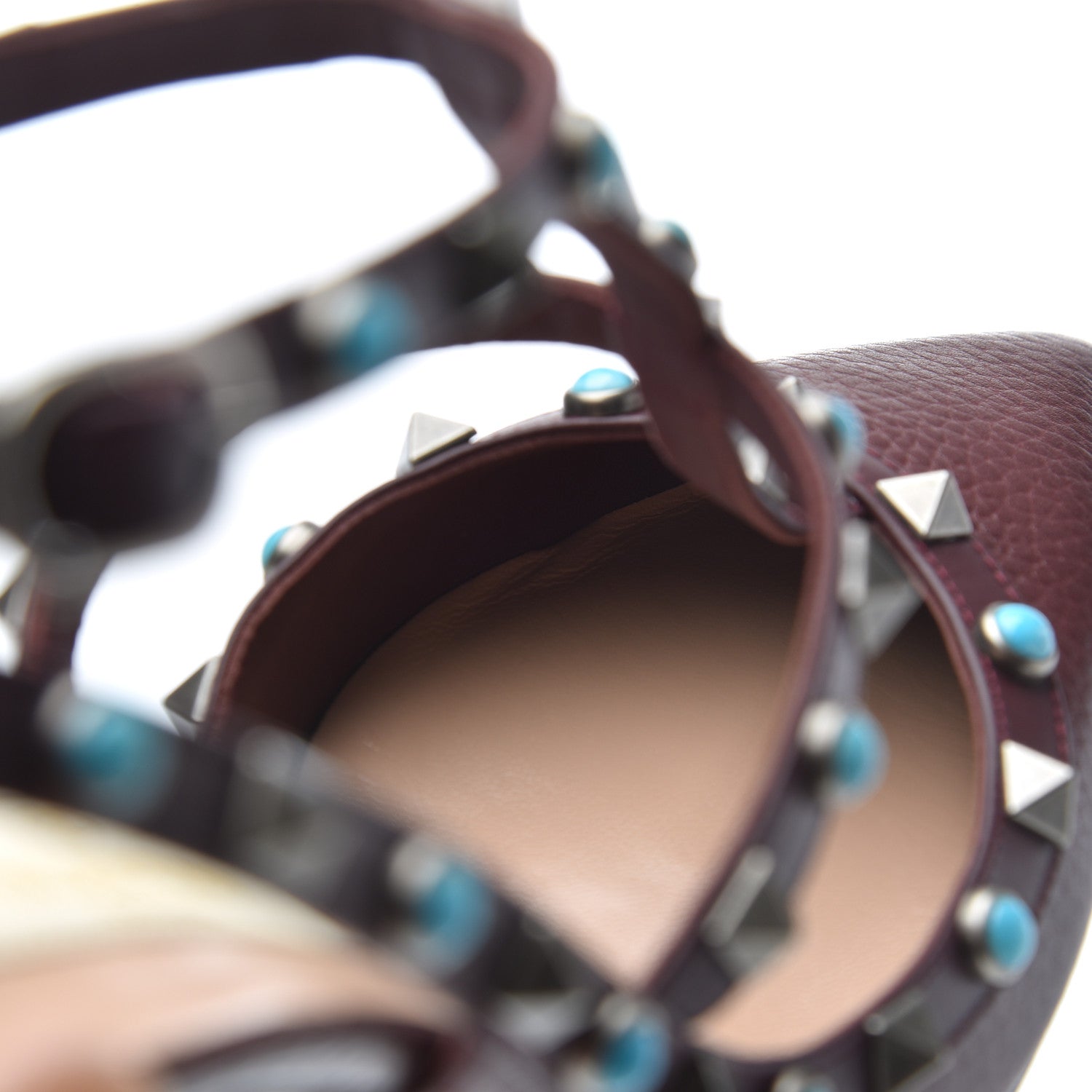 Valentino Garavani Pebbled Calfskin Turquoise Rockstud Rolling Ankle Strap 100mm Pumps 38 Rubin 14 of 20