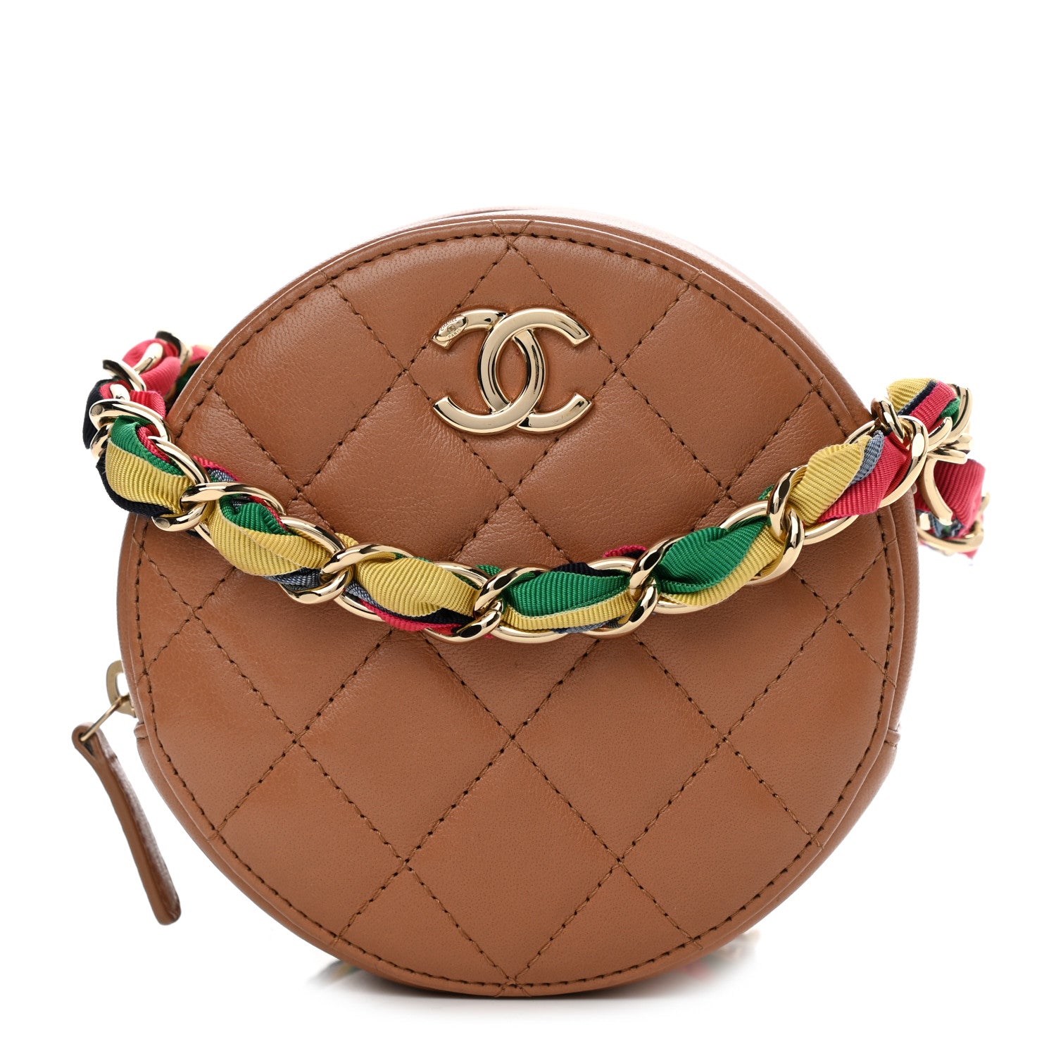 Chanel Shiny Lambskin Ribbon Quilted Round Clutch With Chain Brown 1 of 11