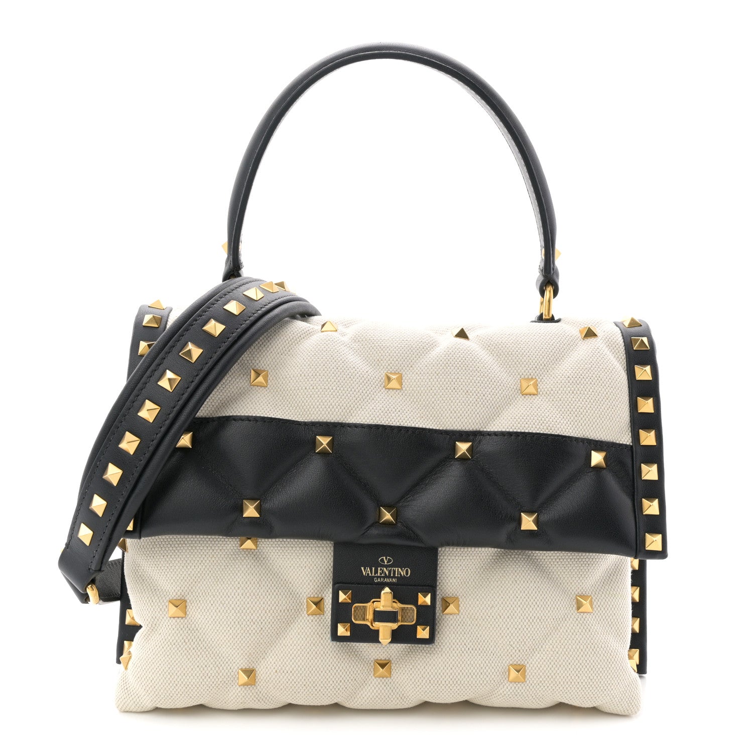 Valentino Garavani Canvas Calfskin Medium Candystud Top Handle Bag Black Beige 1 of 19