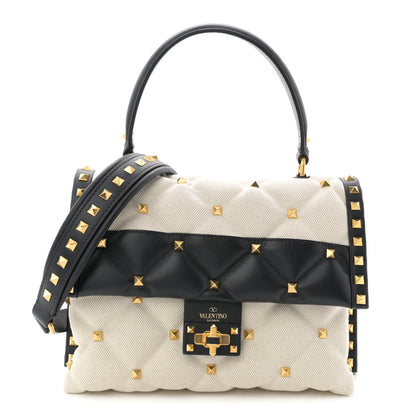 Valentino Garavani Canvas Calfskin Medium Candystud Top Handle Bag Black Beige 1 of 19