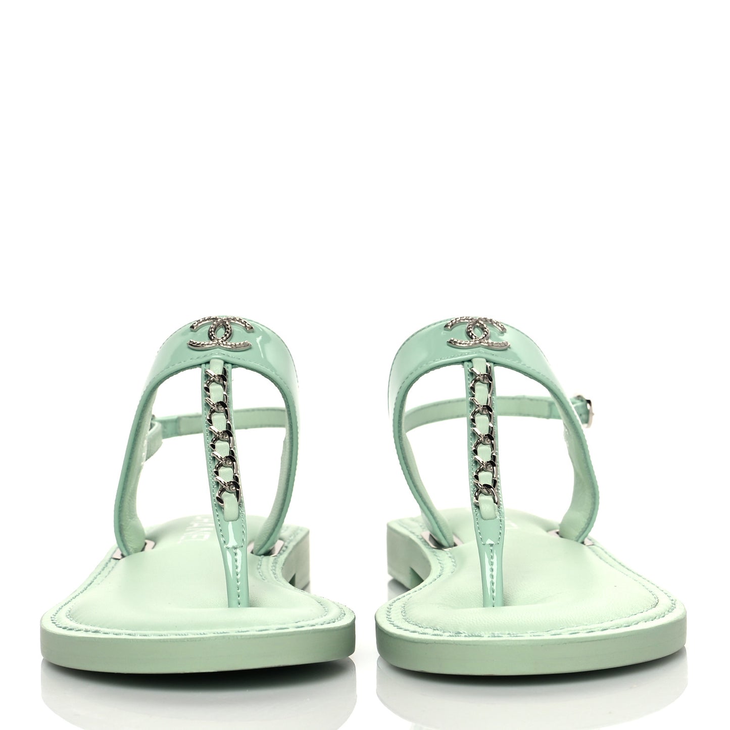 Lambskin Patent Chain CC Logo Thong Flat Sandals 36 Green