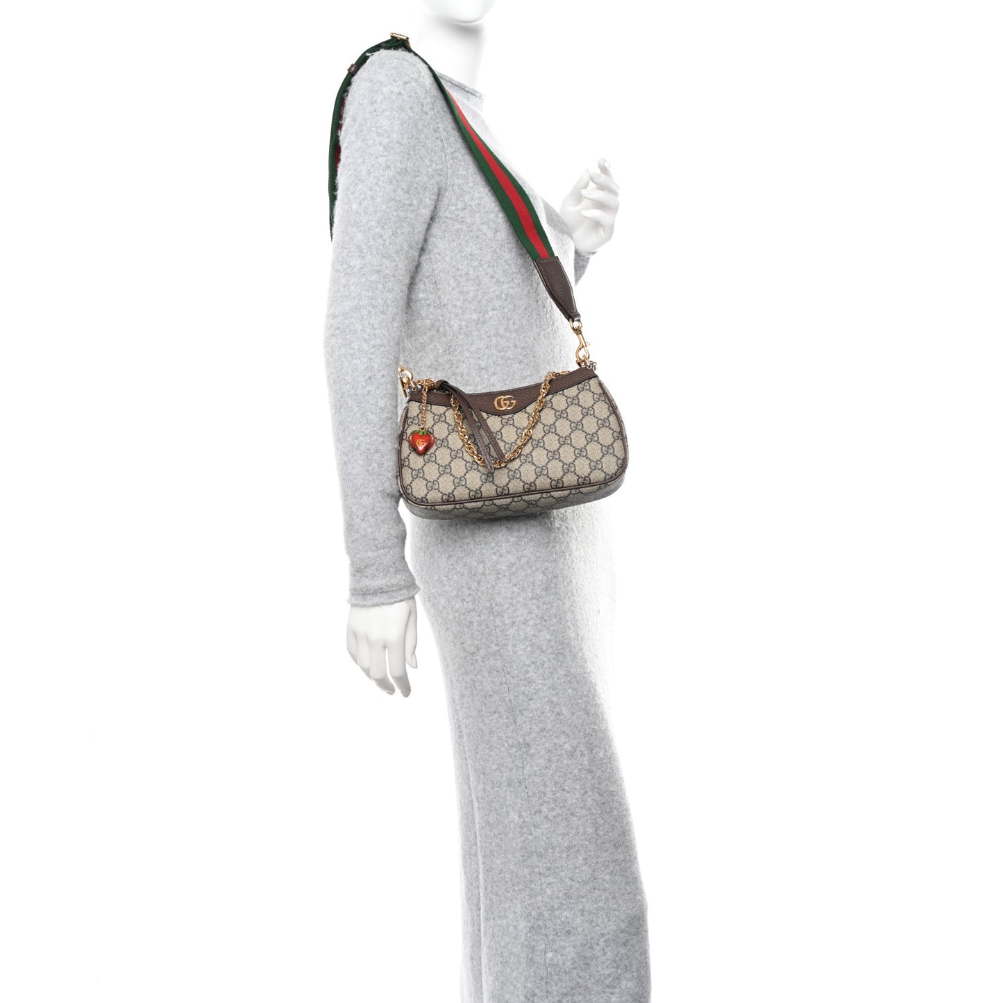 GG Supreme Monogram Textured Dollar Calfskin Web Small Ophidia GG Handbag Beige Ebony New Acero