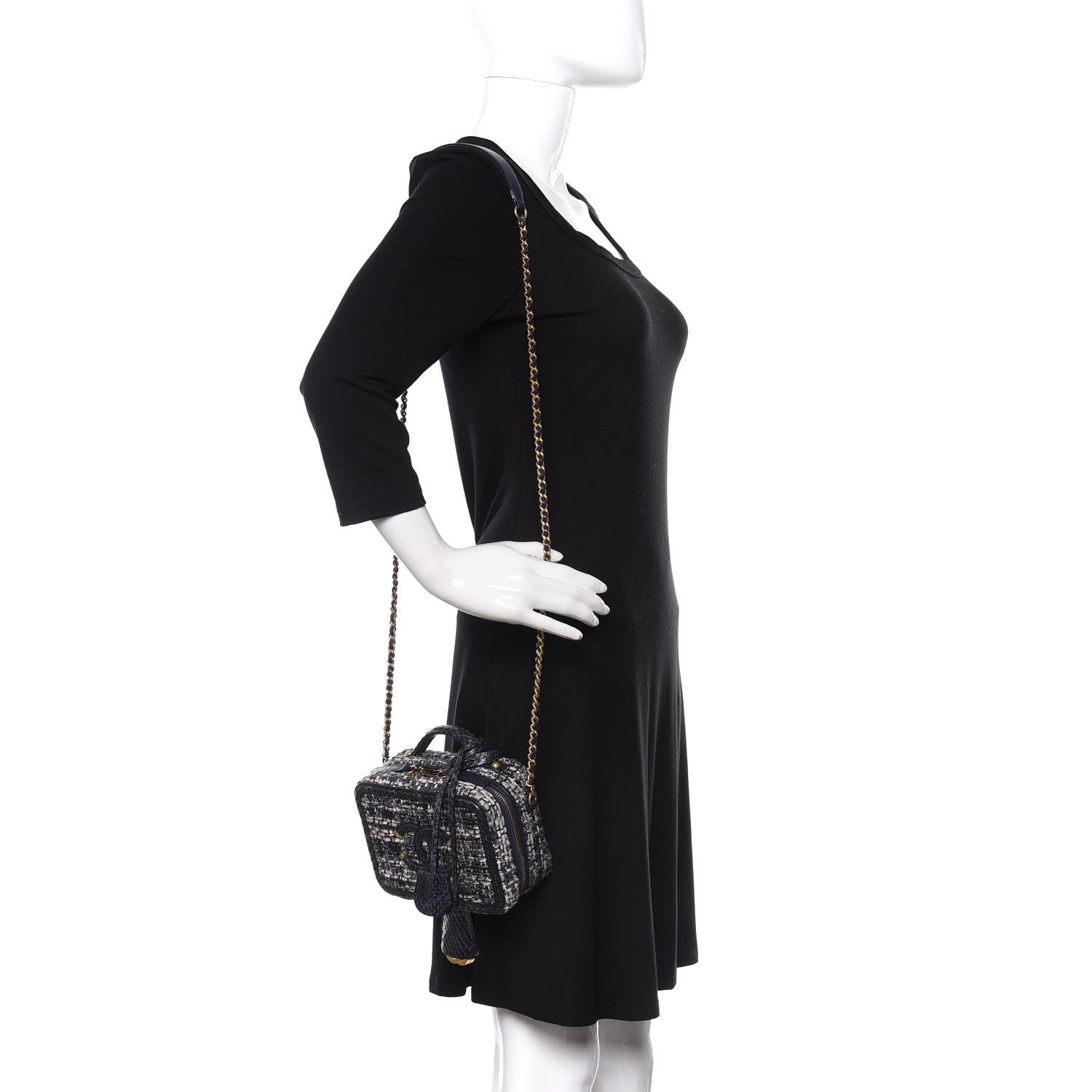 Chanel Tweed Snakeskin Quilted Small CC Filigree Vanity Case Black Ecru Silver 3 of 21