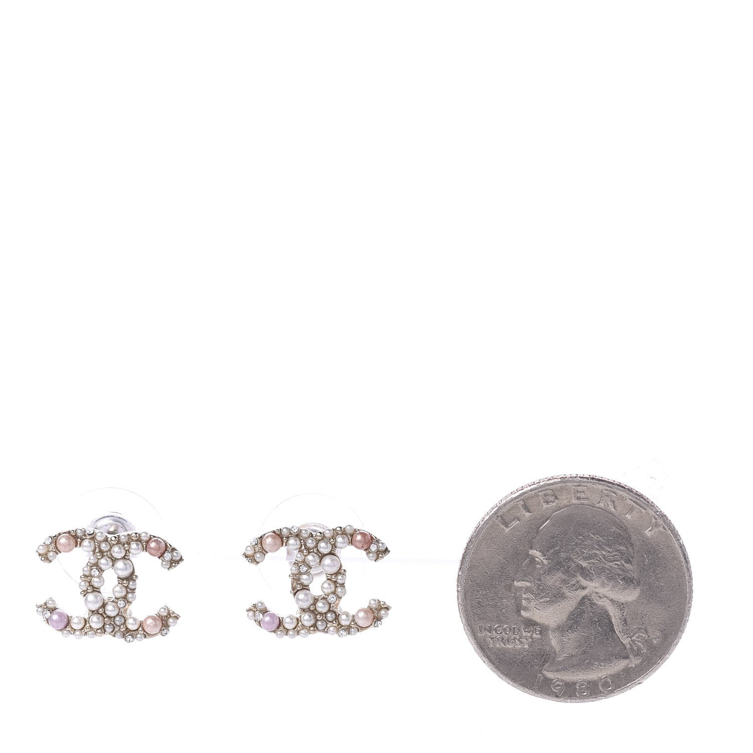 Chanel Pearl Crystal CC Charms Stud Earrings Light Gold Pink 2 of 6