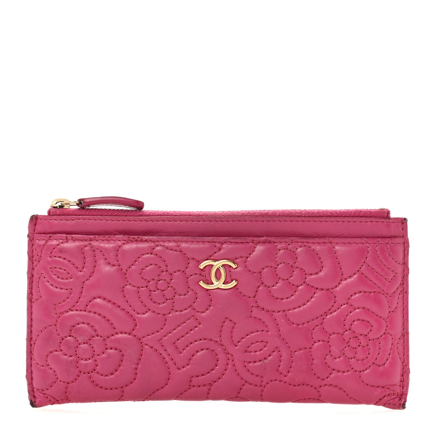 Lambskin Camellia Embossed Classic Zip Pouch Pink