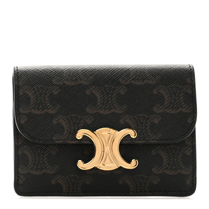 Celine Triomphe Canvas Calfskin Flap Card Holder Tan 1 of 8