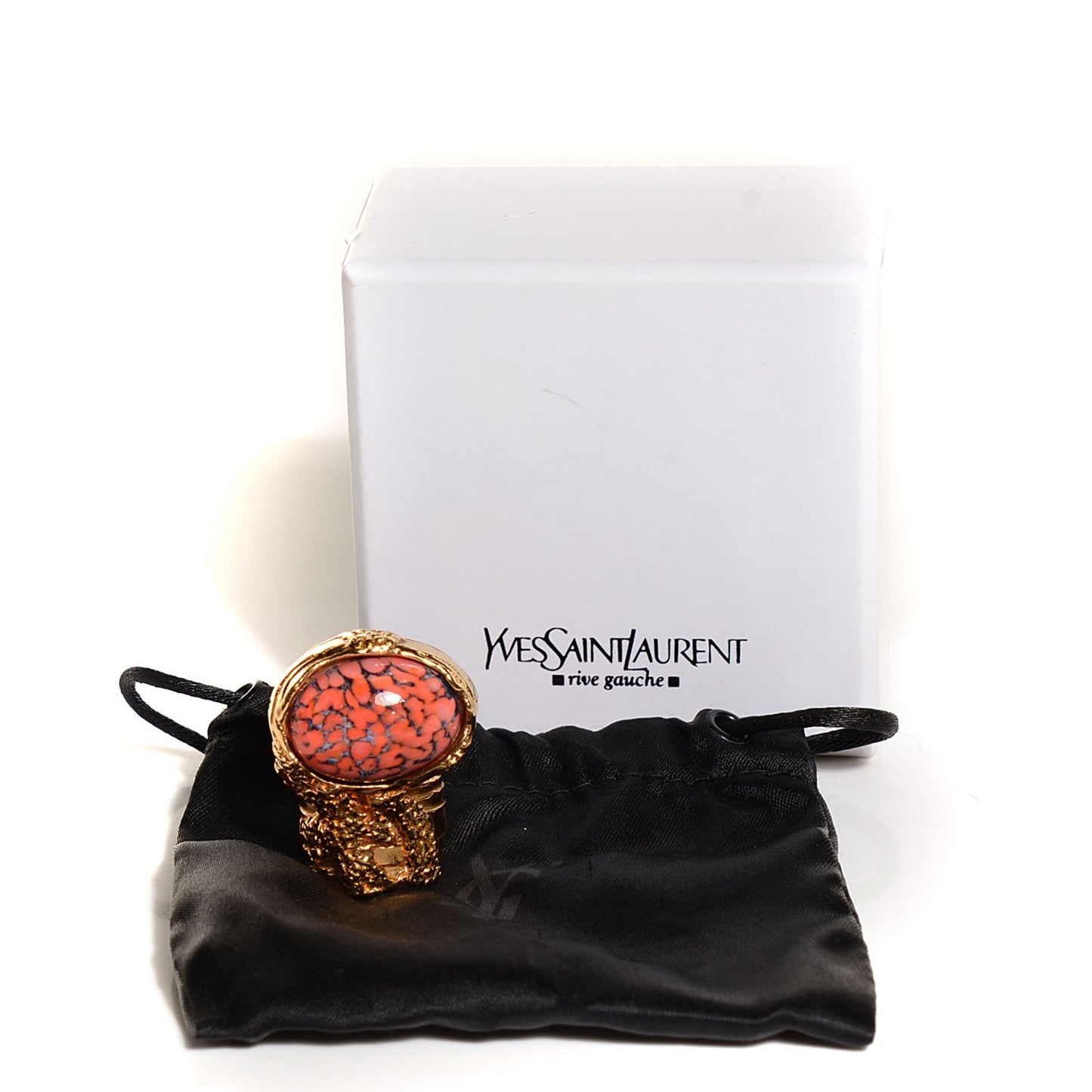 Glass Cabochon Arty Ovale Ring 7 Gold Coral