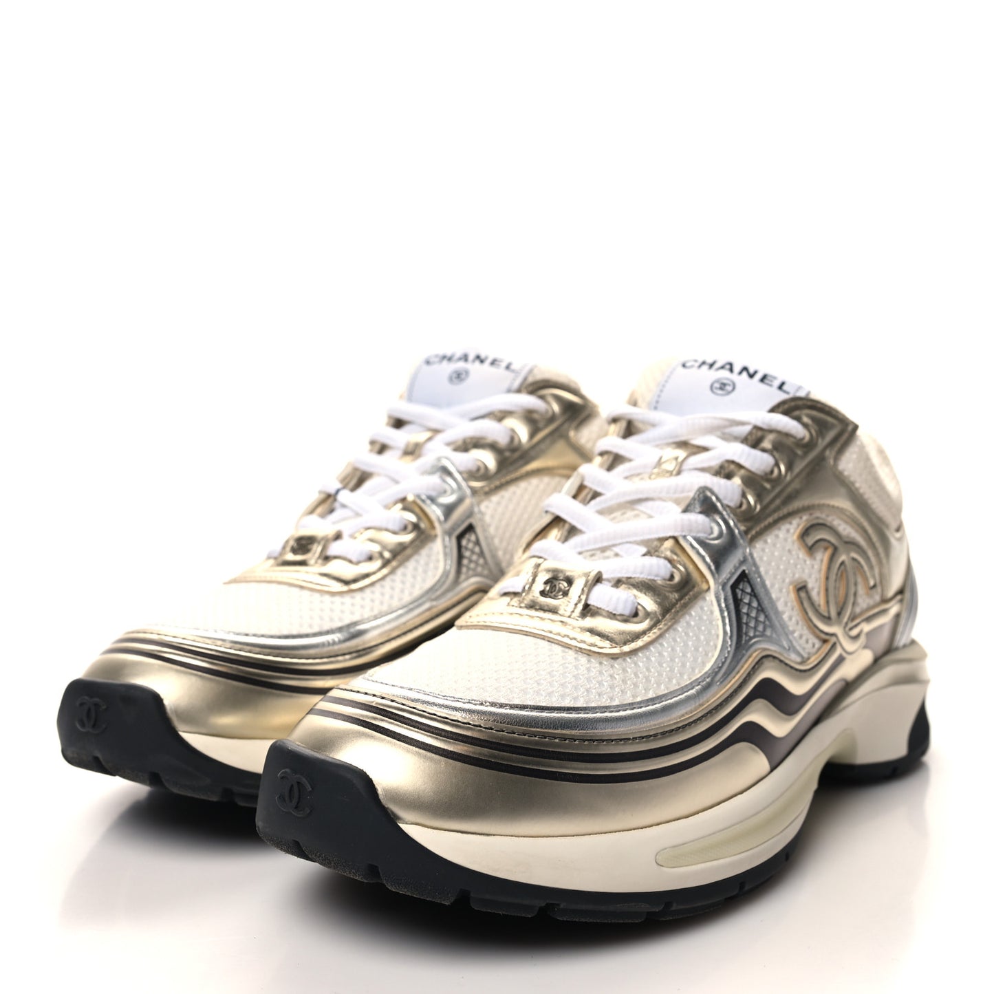 Fabric Laminated Calfskin Stretch CC Sneakers 39.5 White Gold Silver