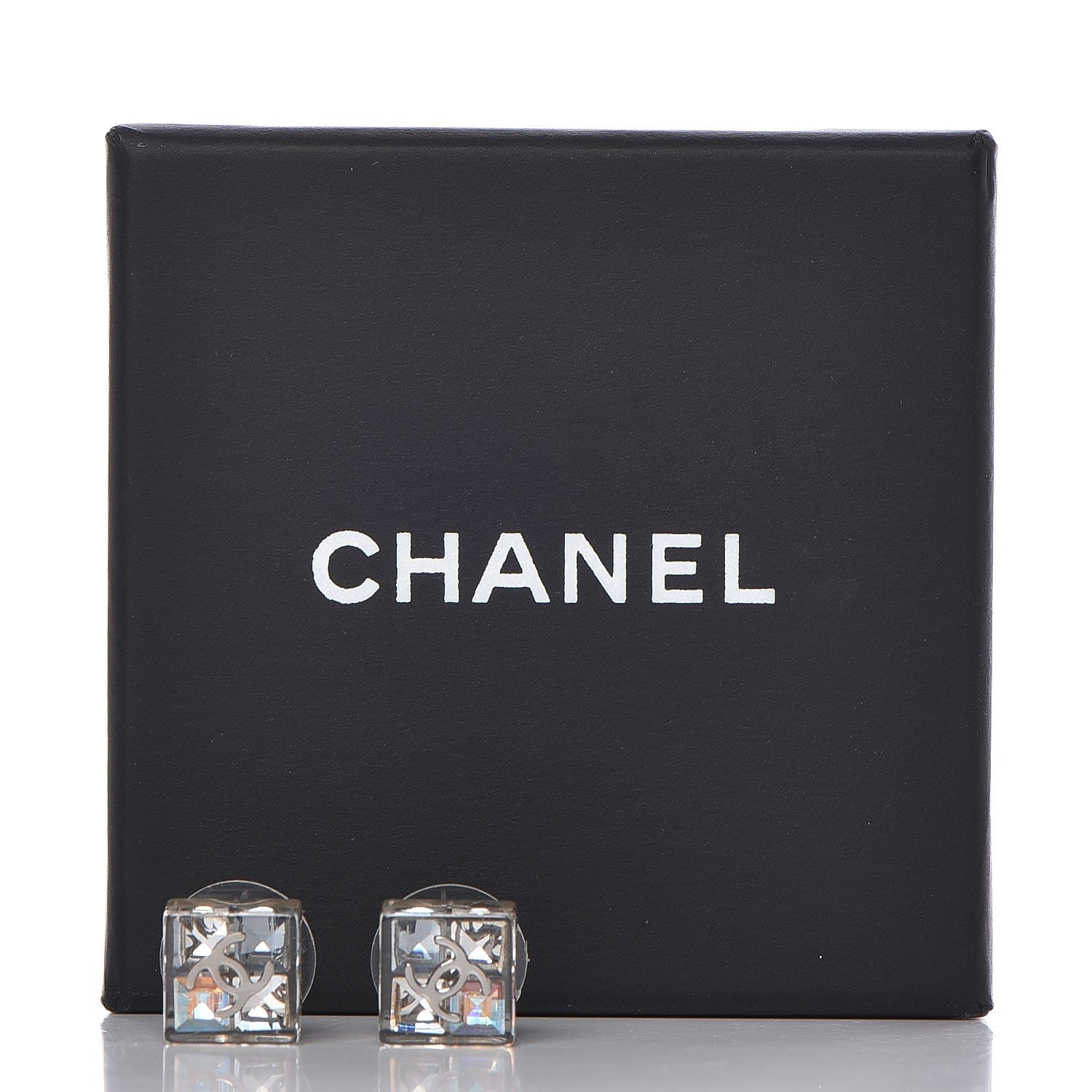 Chanel Transparent Resin Iridescent Crystal CC Cube Earrings Silver 5 of 5