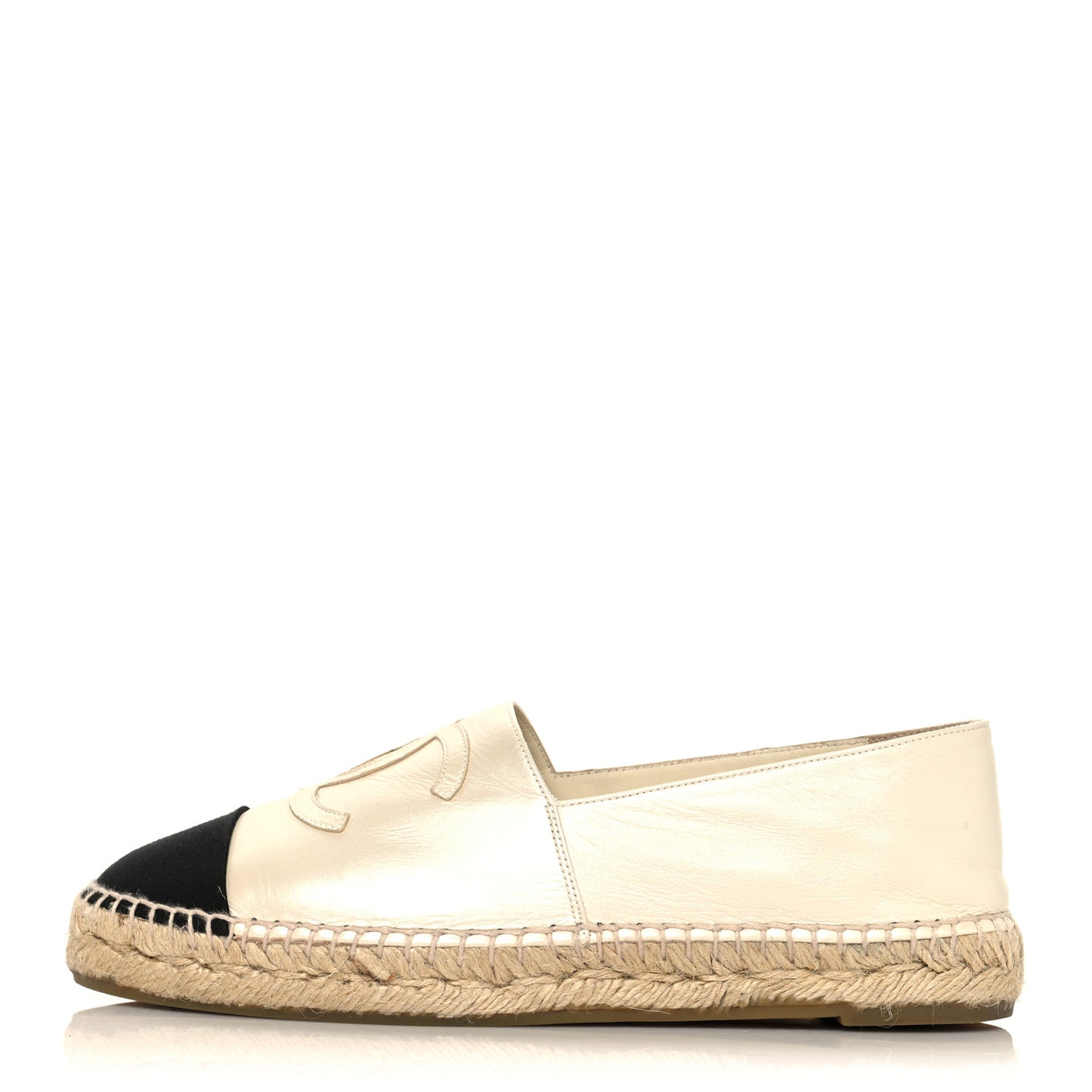 Metallic Calfskin Grosgrain CC Espadrilles 38 Ivory Black