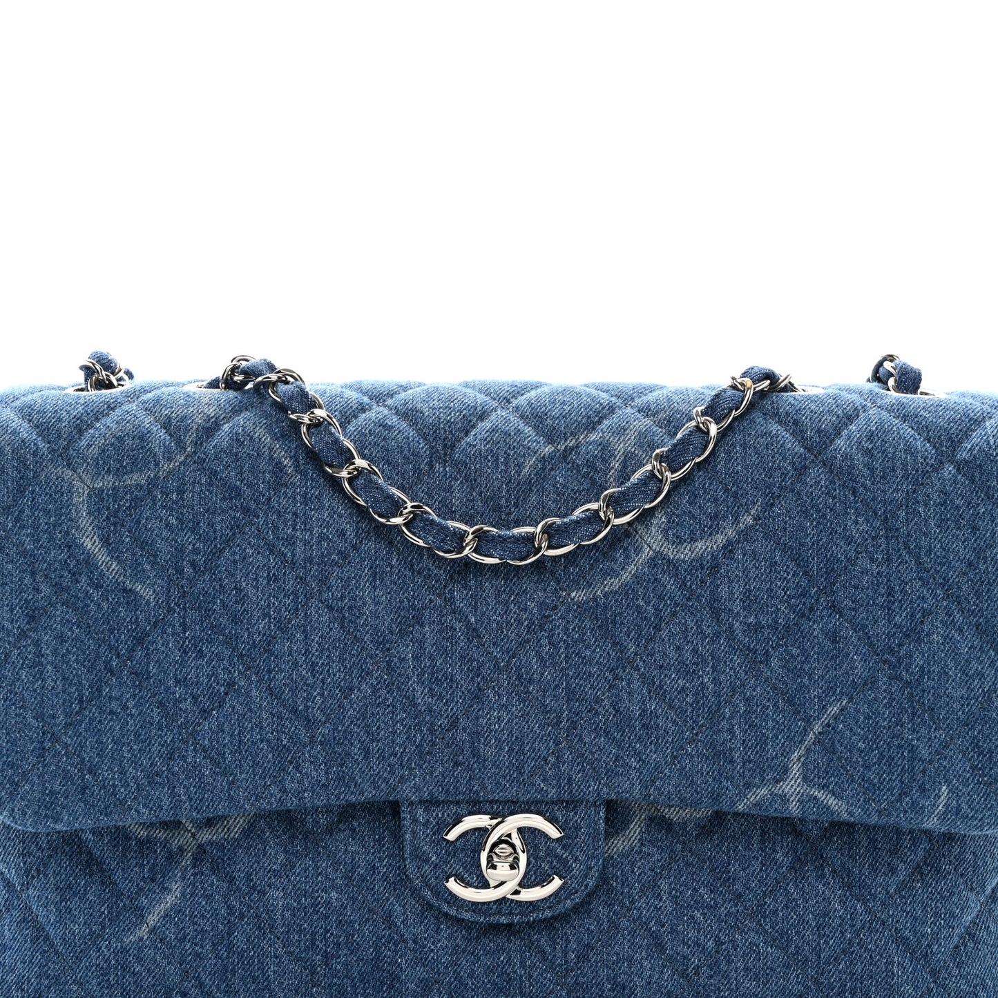 Denim Quilted CC Print Jumbo Single Flap Blue