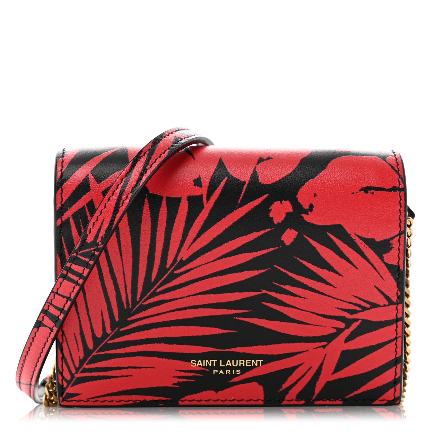 Saint Laurent Calfskin Monogram Tropical Print Chain Card Case Red Black 1 of 14