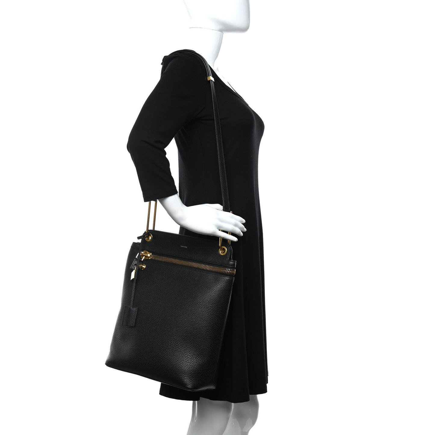 Pebbled Calfskin Zip Shoulder Bag Black