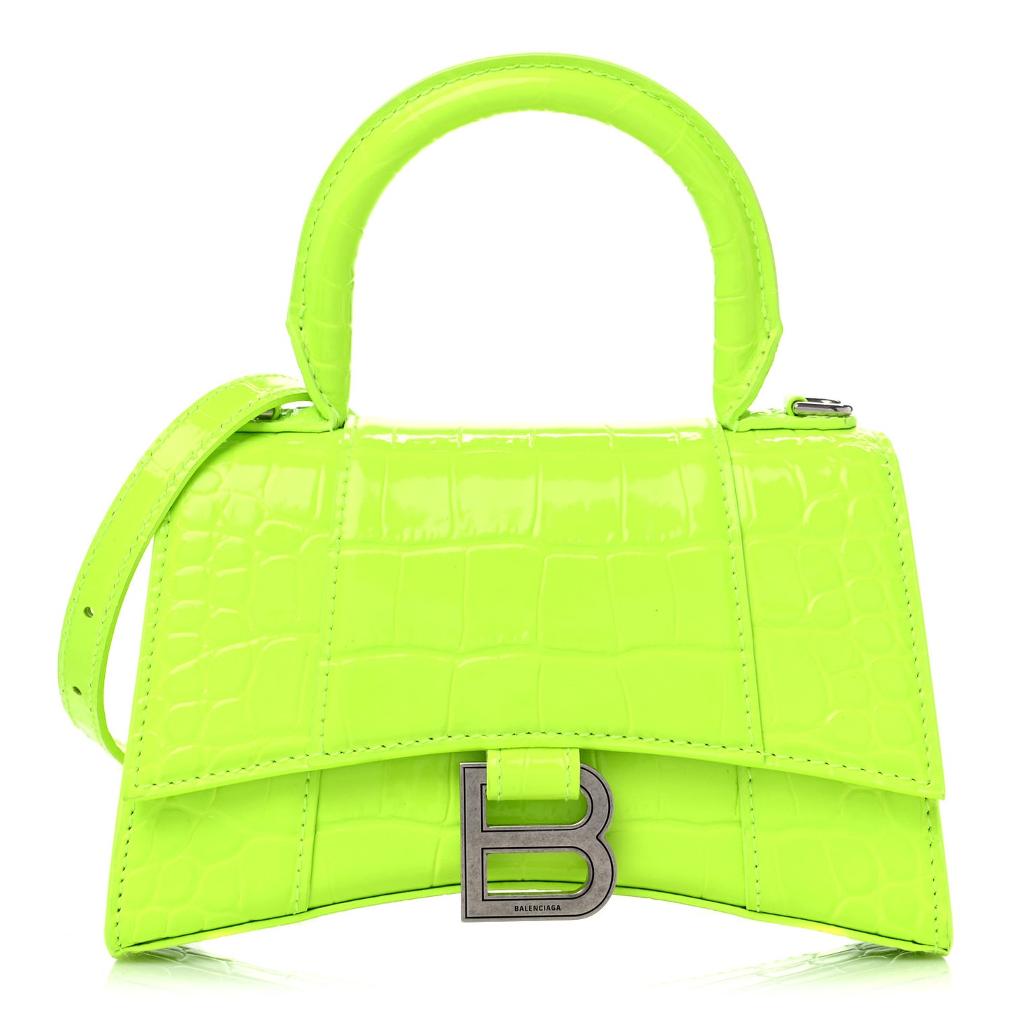 Shiny Calfskin Crocodile Embossed Hourglass Top Handle Bag XS Fluo Yellow