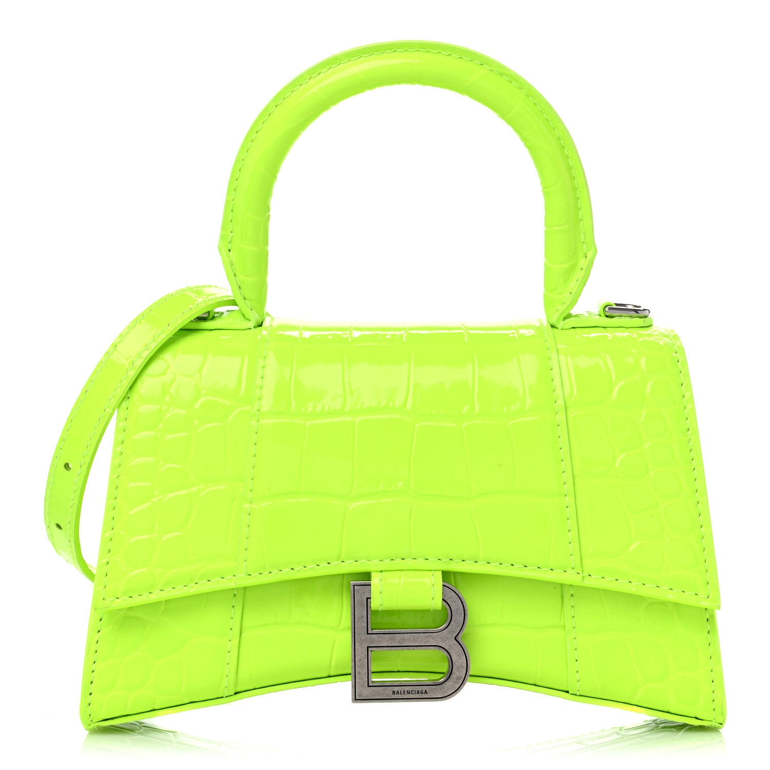 Balenciaga Shiny Calfskin Crocodile Embossed Hourglass Top Handle Bag XS Fluo Yellow 1 of 9