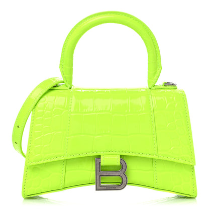 Balenciaga Shiny Calfskin Crocodile Embossed Hourglass Top Handle Bag XS Fluo Yellow 1 of 9