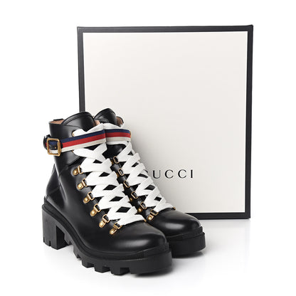 Gucci Calfskin Womens Sylvie Web Lace Up Combat Boots 40 Black 9 of 9