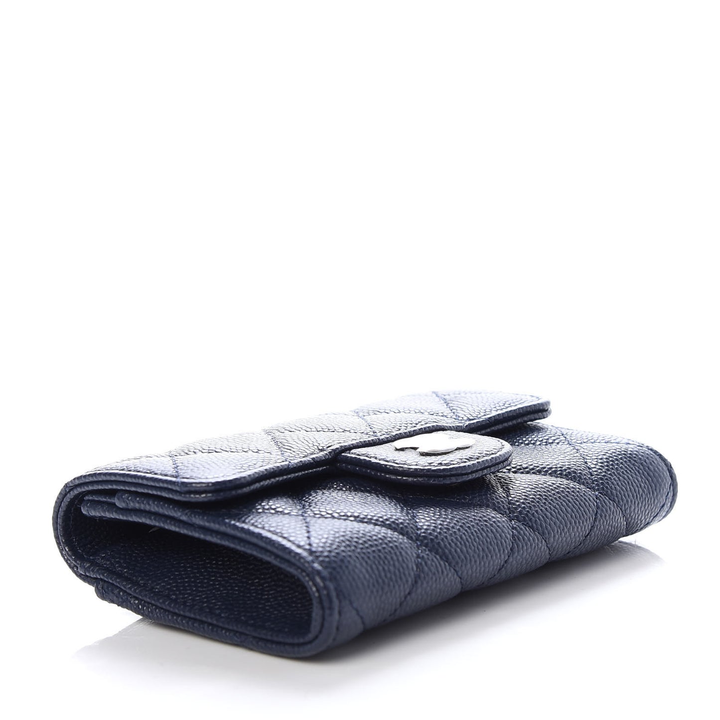 Caviar Quilted Flap Card Holder Wallet Navy Blue
