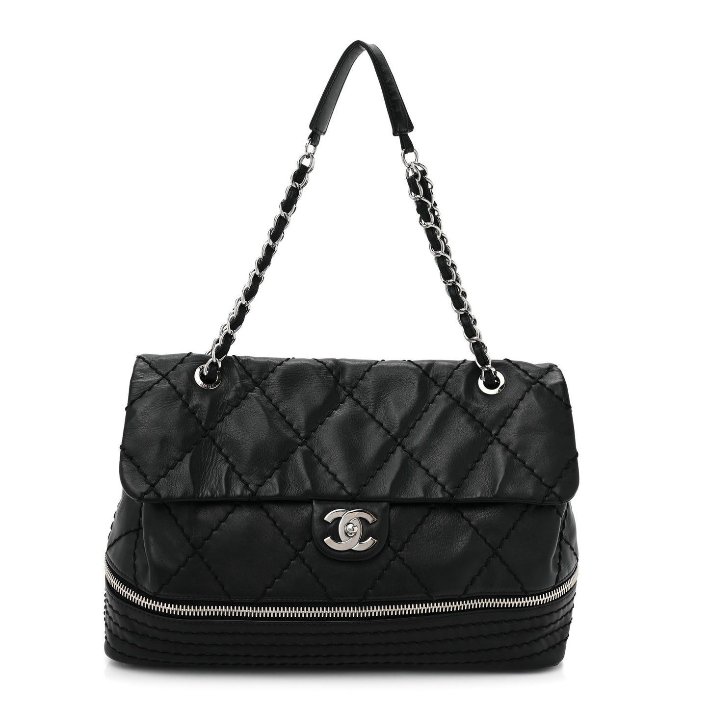 Calfskin Stitched Large Expandable Flap Bag Black
