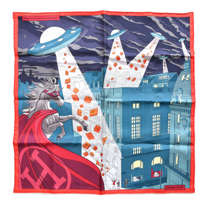 Hermes Silk Space Shopping Au Faubourg Pocket Square Bleu Nuit Bordeaux 1 of 5