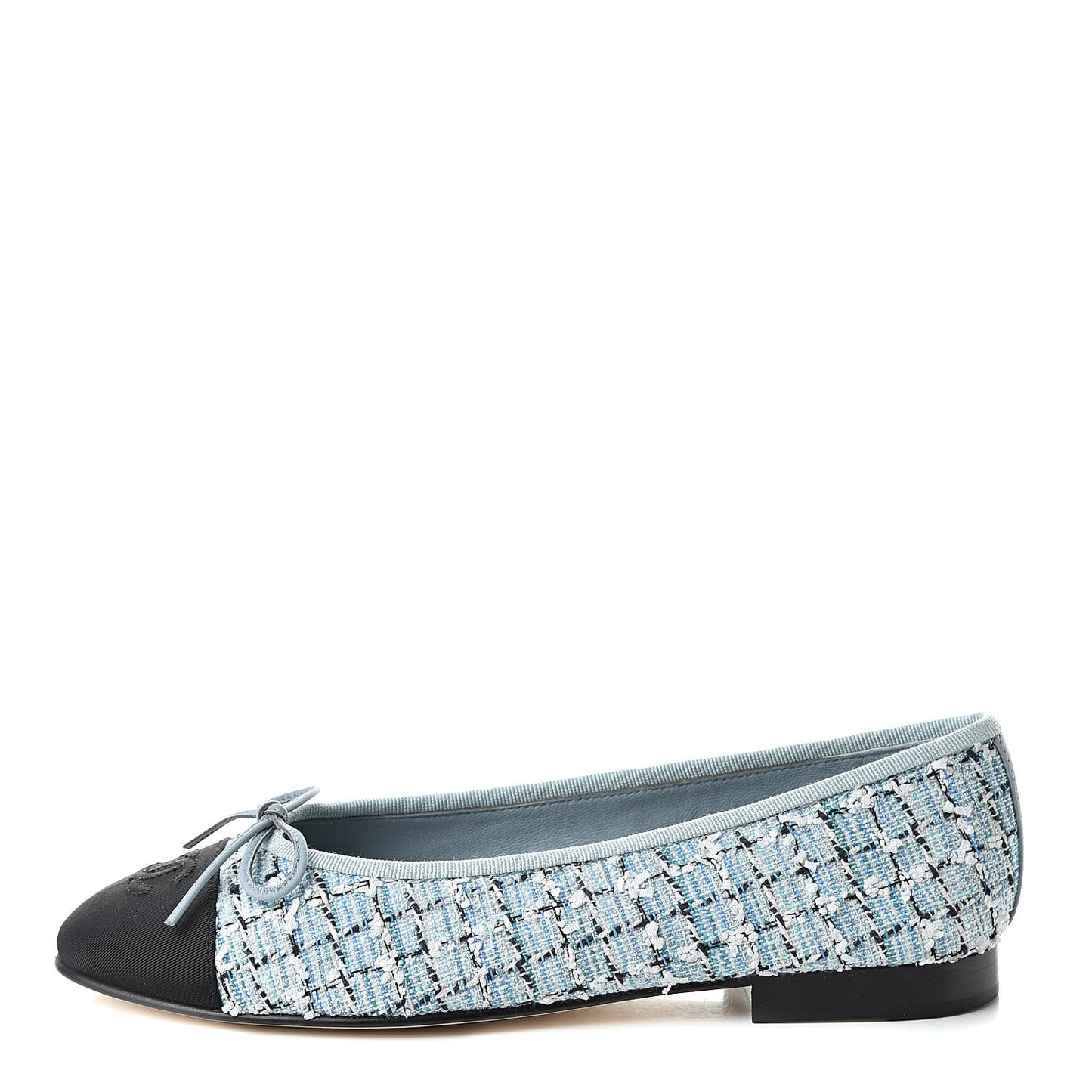 Tweed Grosgrain Cap Toe Ballerina Flats 37.5 Blue White Navy Black