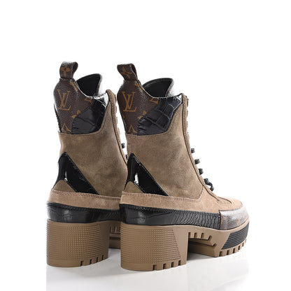 Louis Vuitton Suede Calfskin Monogram Laureate Platform Desert Boots 35 Taupe 4 of 9