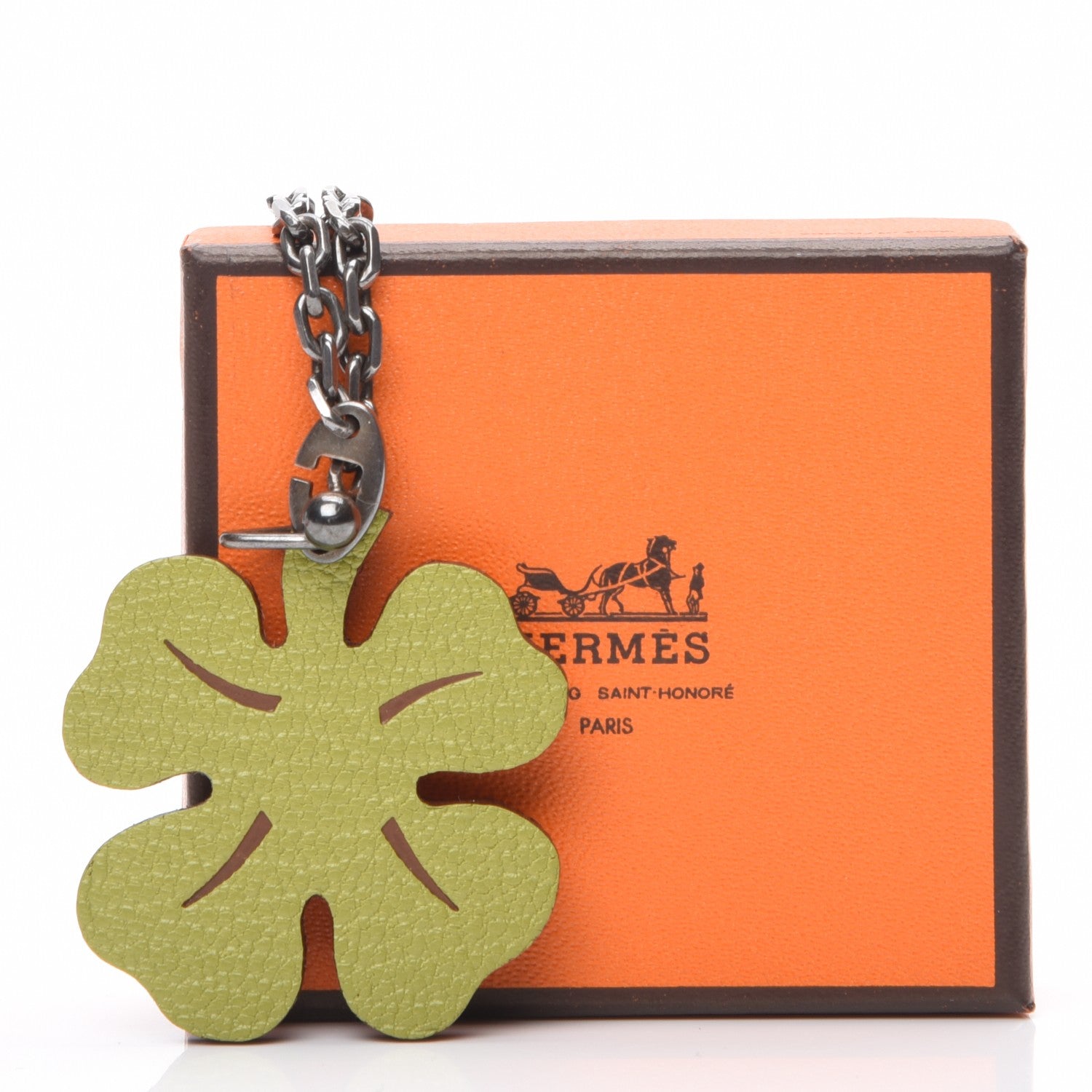 Hermes Chevre Mysore Lucky Clover Key Chain Bag Charm Vert Anis Orange 5 of 5