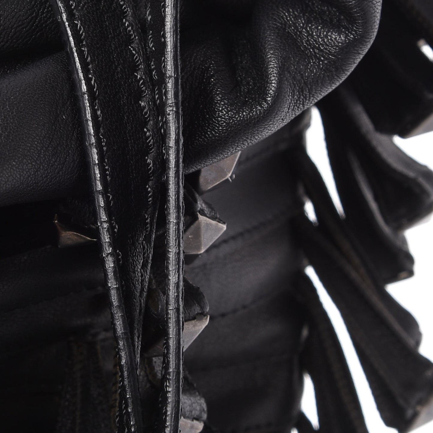 Lambskin Rockstud Fringe Bucket Black