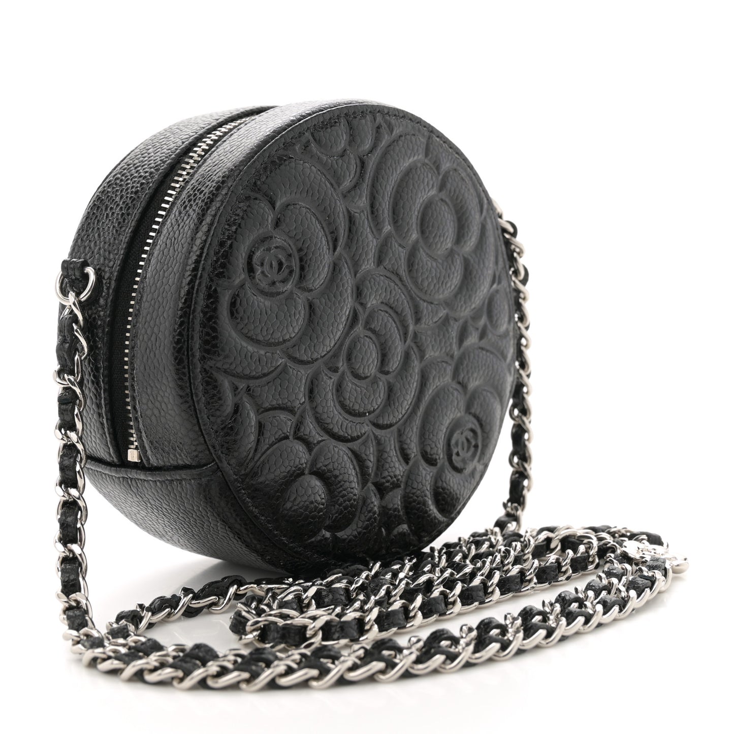 Caviar Camellia Embossed Round Clutch With Chain Black