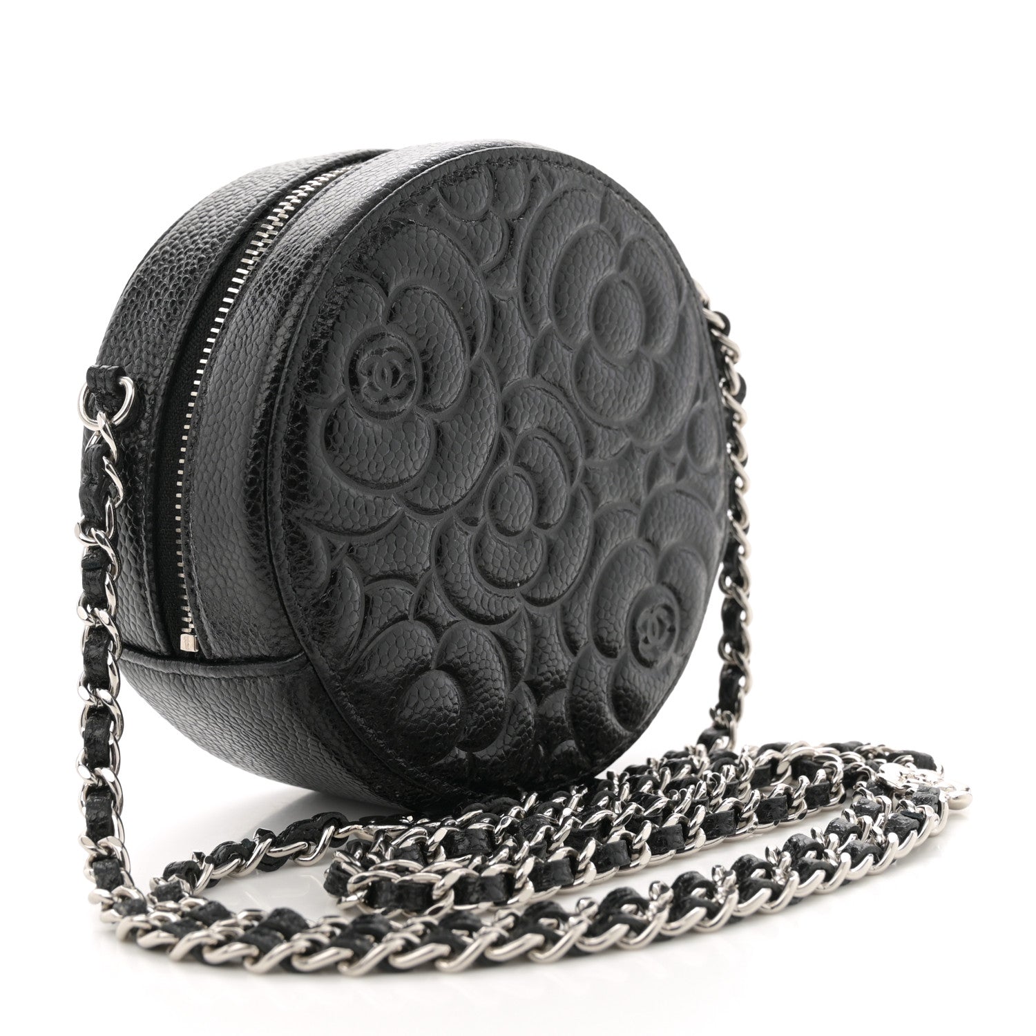 Chanel Caviar Camellia Embossed Round Clutch With Chain Black 3 of 11