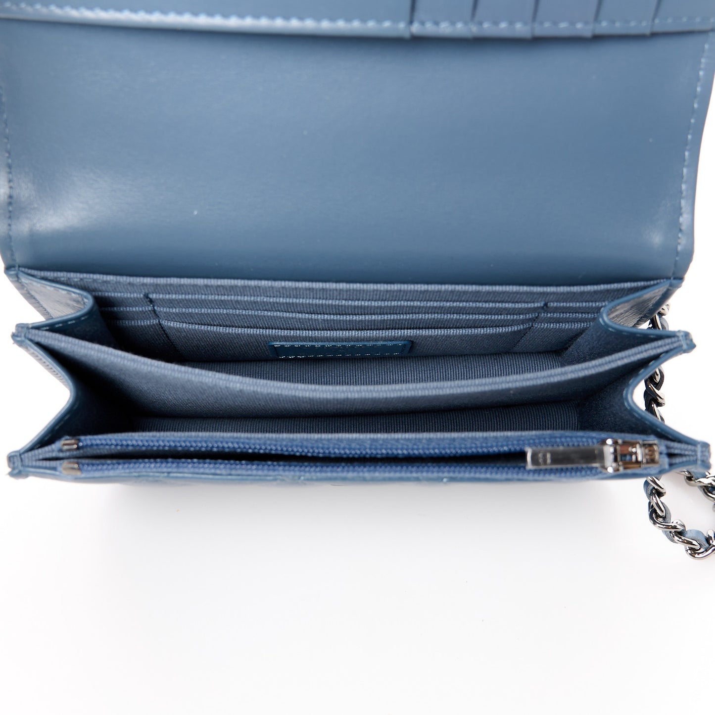 Shiny Crumpled Calfskin Strass Quilted Mini Top Handle Wallet On Chain Blue