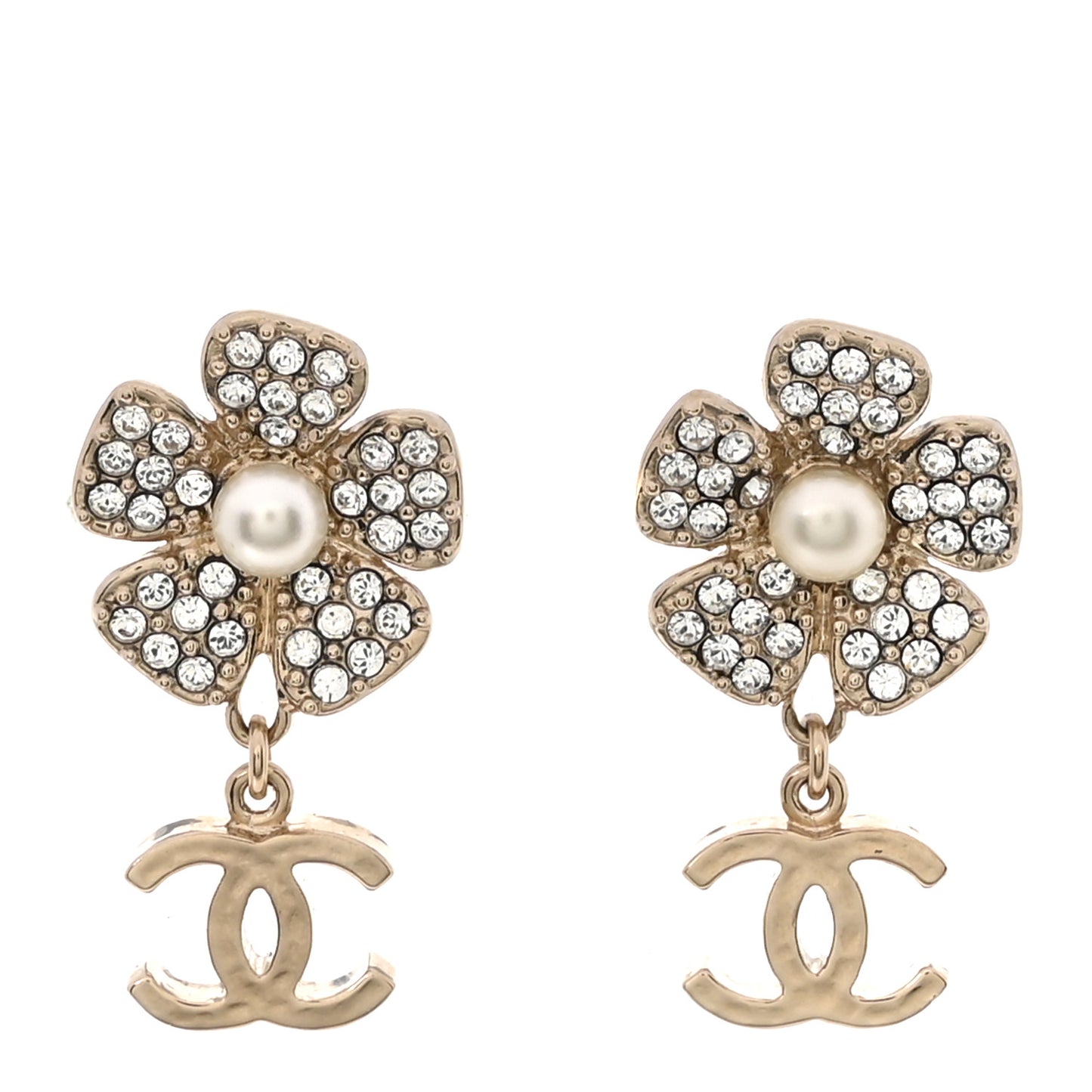 Metal Pearl Crystal CC Flower Drop Earrings Gold White