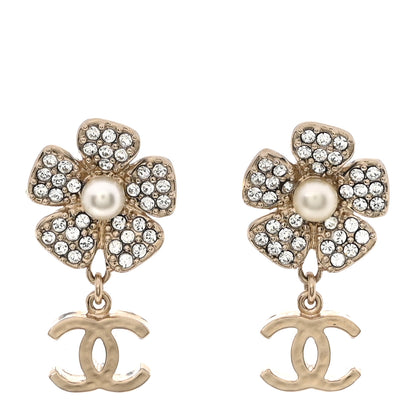 Chanel Metal Pearl Crystal CC Flower Drop Earrings Gold White 1 of 4
