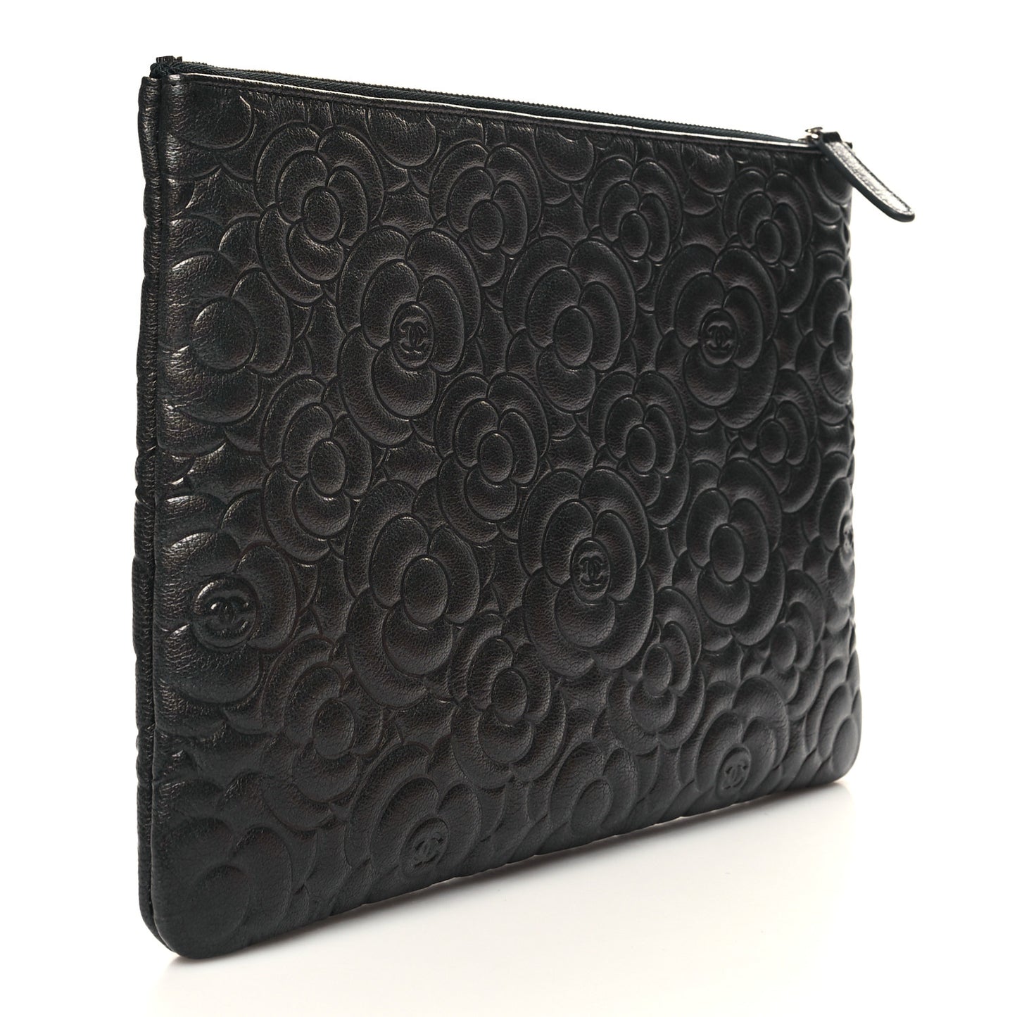 Goatskin Camellia Embossed Medium Cosmetic Case Dark Grey