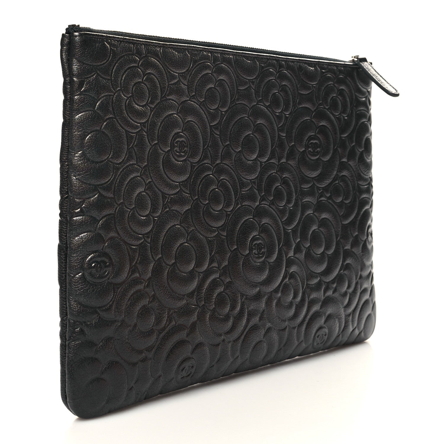 Chanel Goatskin Camellia Embossed Medium Cosmetic Case Dark Grey 3 of 9