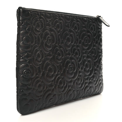Chanel Goatskin Camellia Embossed Medium Cosmetic Case Dark Grey 3 of 9