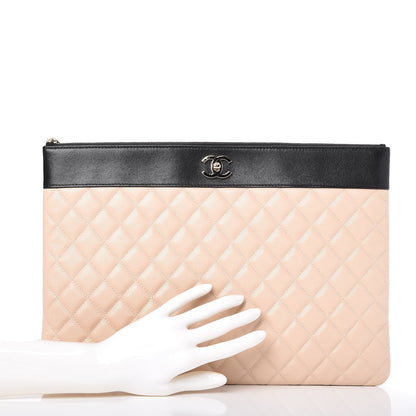 Chanel Sheepskin Quilted Large Vintage Mademoiselle Cosmetic Case Beige Black 2 of 9