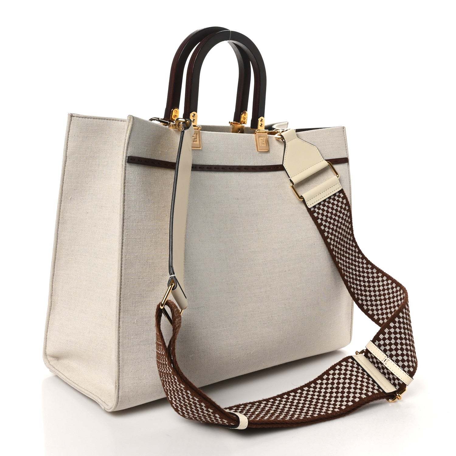 Fendi Canvas Vitello King Logo Embroidered Medium Fendi Sunshine Shopper Tote Grezzo Ghianda 3 of 9