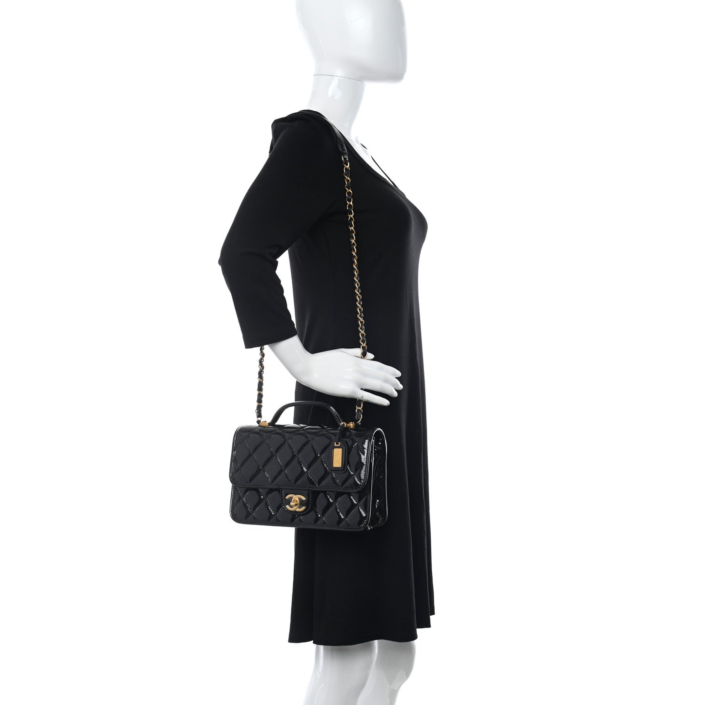 Patent Quilted Small School Memory Top Handle Flap Black