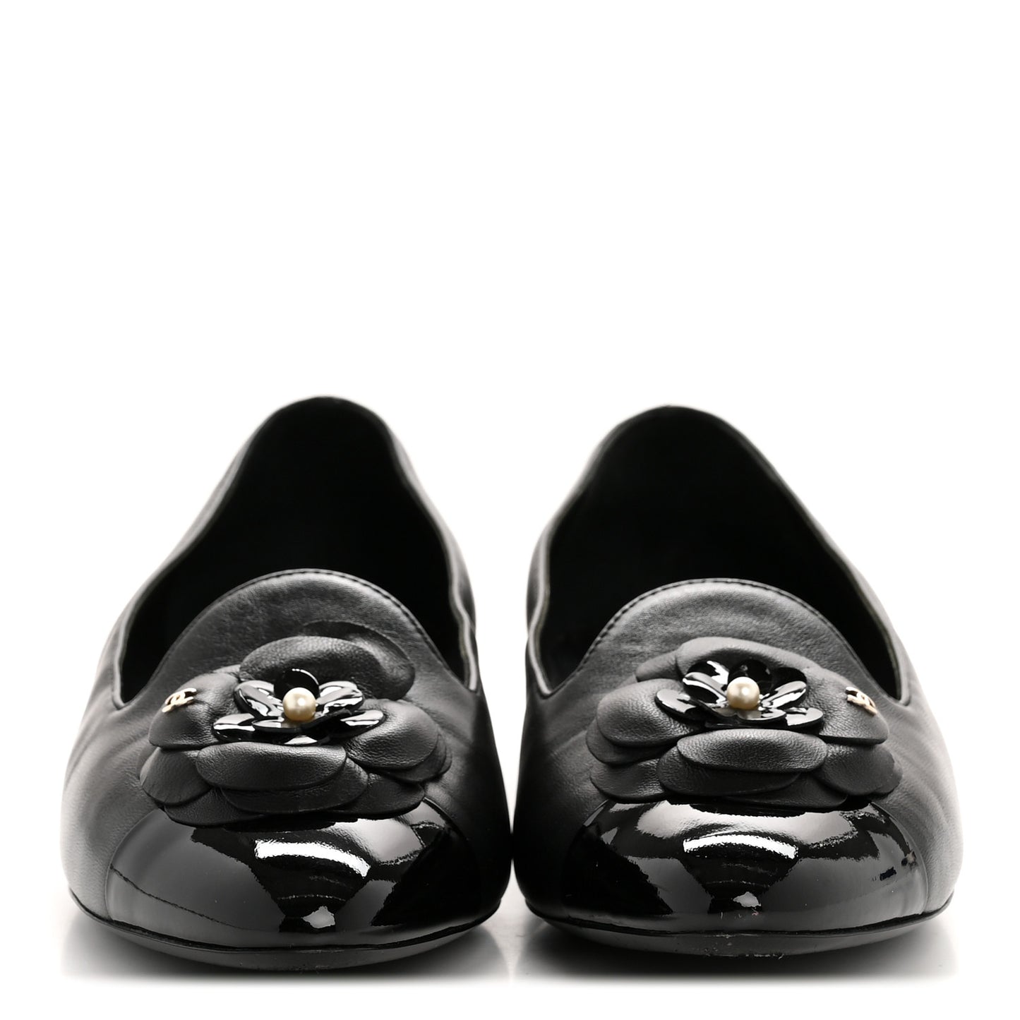 Lambskin Patent Calfskin Camellia Cap Toe Loafers 38 Black