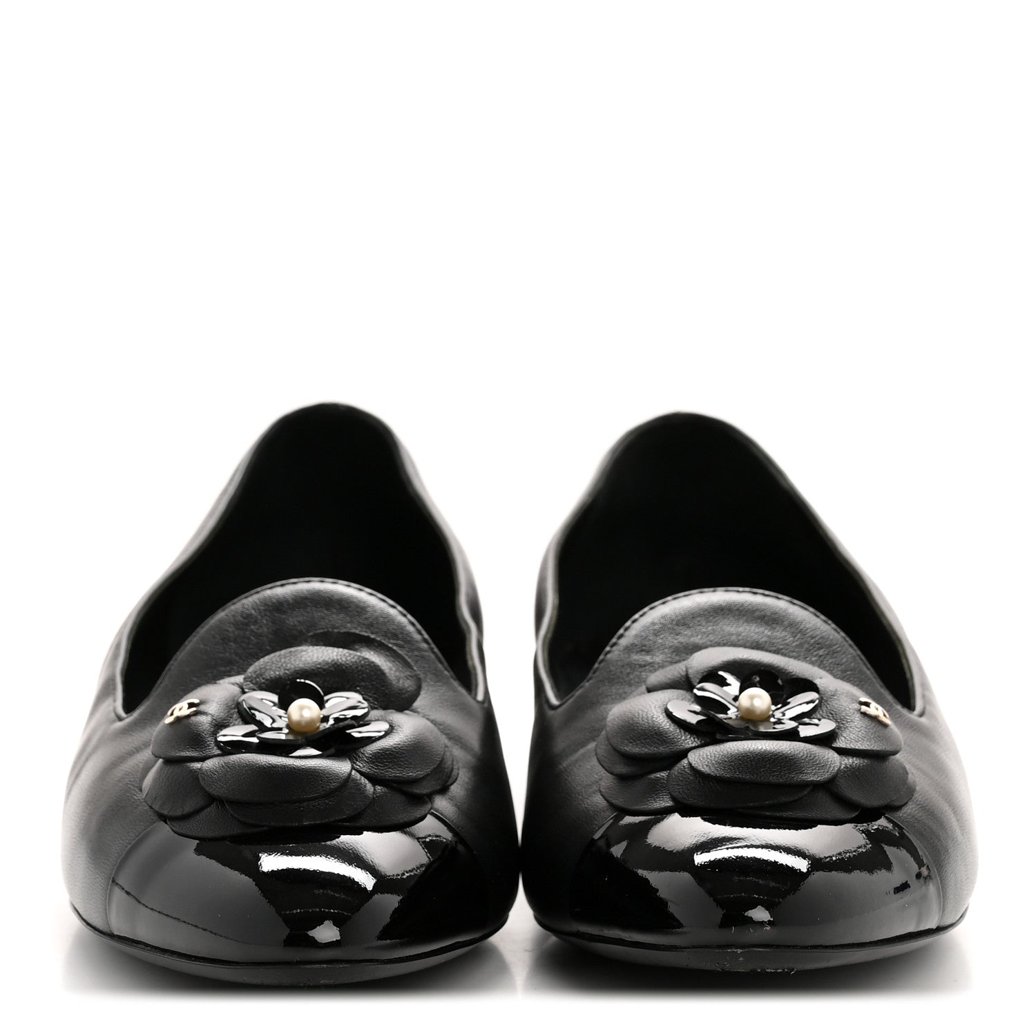 Chanel Lambskin Patent Calfskin Camellia Cap Toe Loafers 38 Black 3 of 10