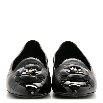 Chanel Lambskin Patent Calfskin Camellia Cap Toe Loafers 38 Black 3 of 10